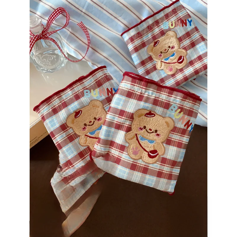 Retro Pastoral Style Girls Briefs Red Checkered Embroidered Cute Bear Comfortable Underpants Prints Apples Ribbons Bows Panties
