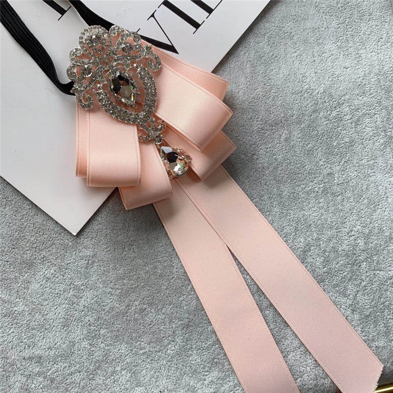 Classic Bow Tie for Women Retro Solid Fabric Ribbon Brooch Crystal Rhinestone White Shirts Collar Pin Men Boy Bowtie Accessories