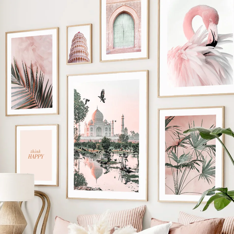 1pc frameless Canvas painting Canvas Painting Pink Bloom Peony Flower Palm Leaf Flamingo Mosque Posters And Prints Living Roo