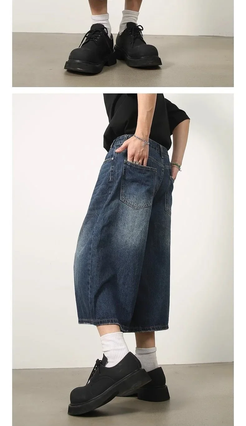 Men Women Y2k Style Baggy Denim Shorts Wide Leg Short Pants Fashion High Waisted Dark Wash Knee Length Loose Unisex Jeans Casual