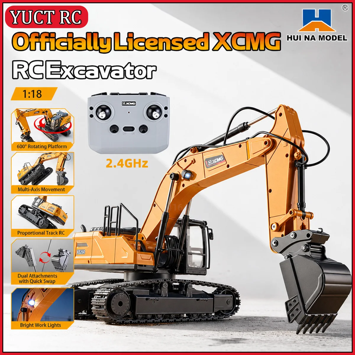 HUINA  XCMG XE260 1/18 RC Excavator 2.4Ghz Remote Control 600° Rotating Workbench 360° Operation  Alloy Body Hobby Toys Gifts