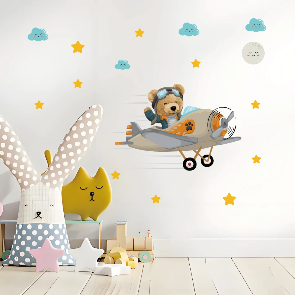 cute bear drive airplane wall sticker for bedroom self adhesive cartoon cloud with star wall mural