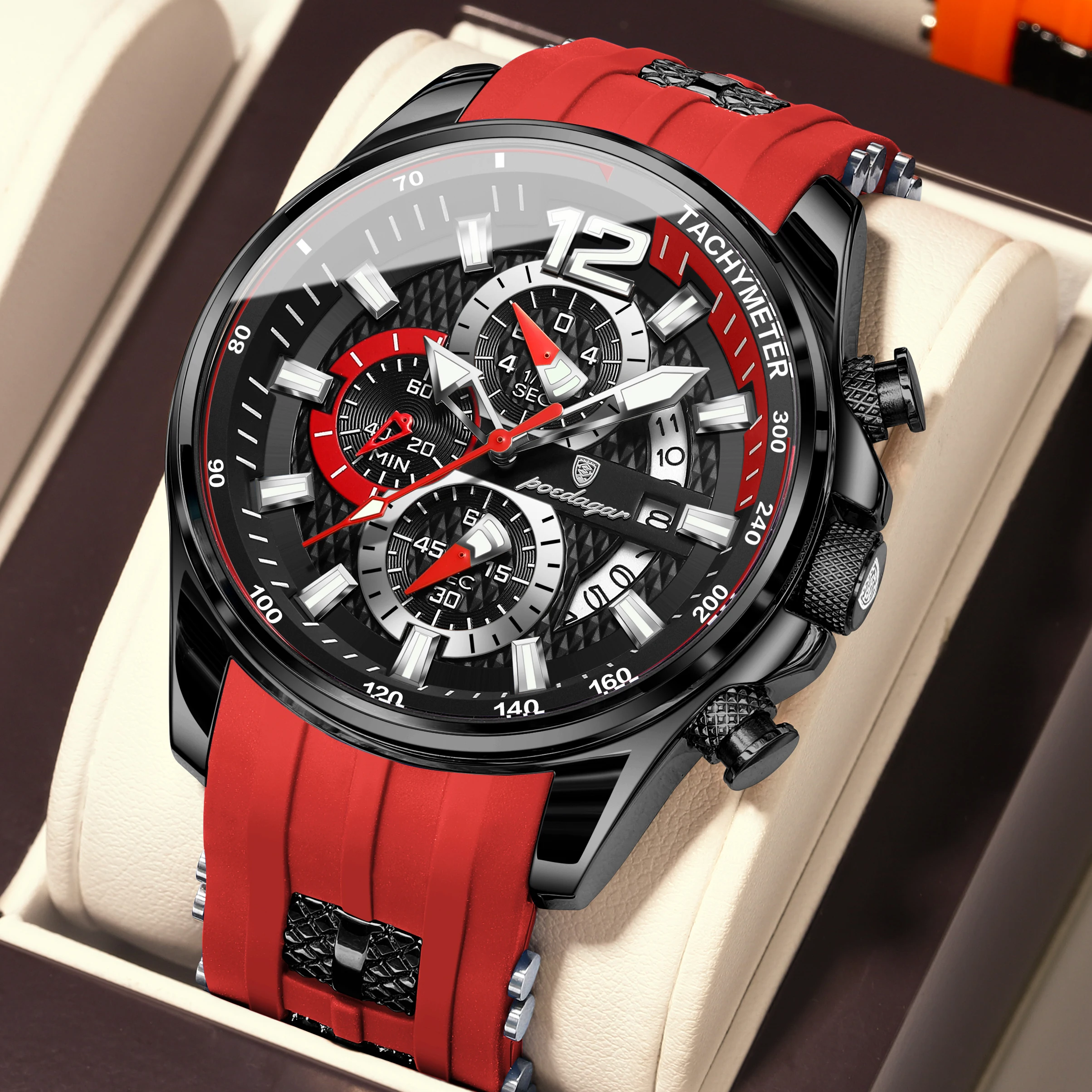 POEDAGAR Top Fashion Men Clock Date Chronograph Luminous Waterproof Quartz Man Watch Silicone Big Dial Sport Men's Watches Reloj