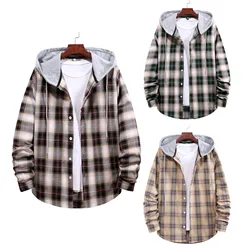 Oversized Men Autumn And Winter Casual Plaid Print Shirt Hooded Collar Long Sleeve Shirt Blouse Roupas Masculinas Men'S Clothing