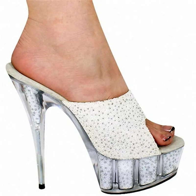 Sexy woman 15 cm high heel waterproof table cool flash powder crystal slippers fashion model Sandals