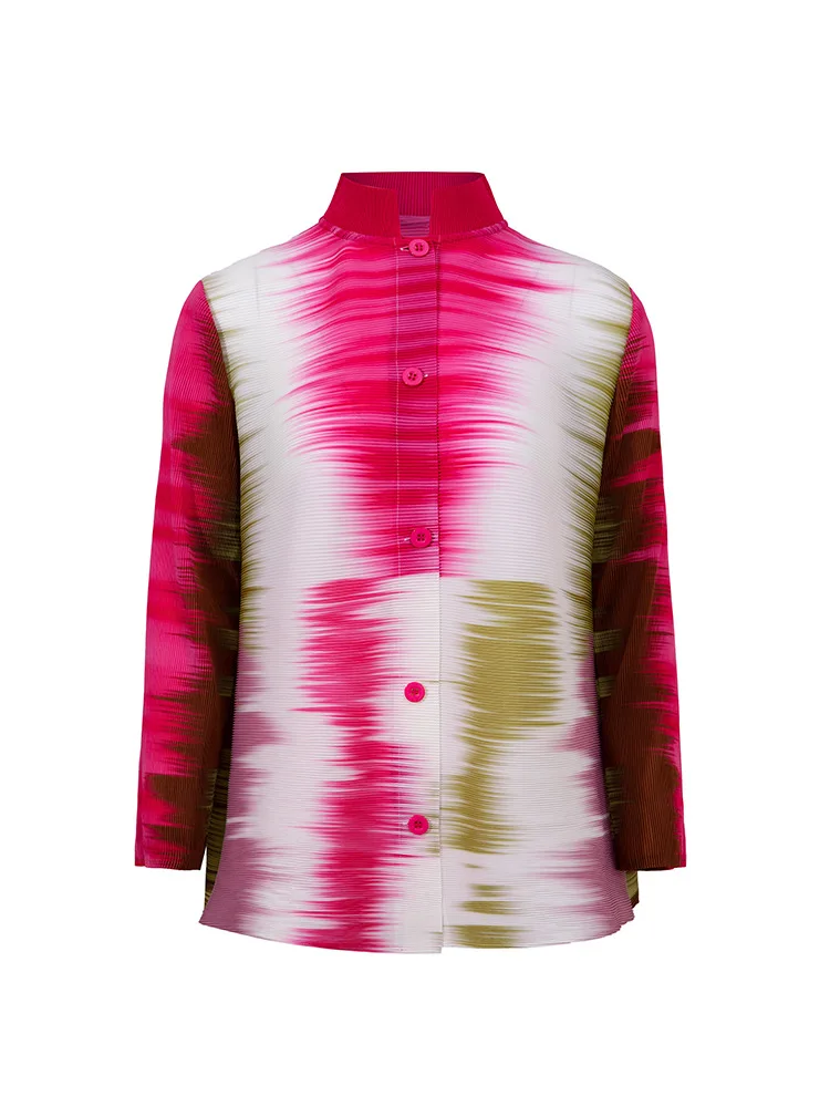 مياكي مطوي جديد طويل الأكمام قميص مطبوع المرأة الوقوف طوق زرر مطاطا فضفاض موضة تنوعا سترة سترة