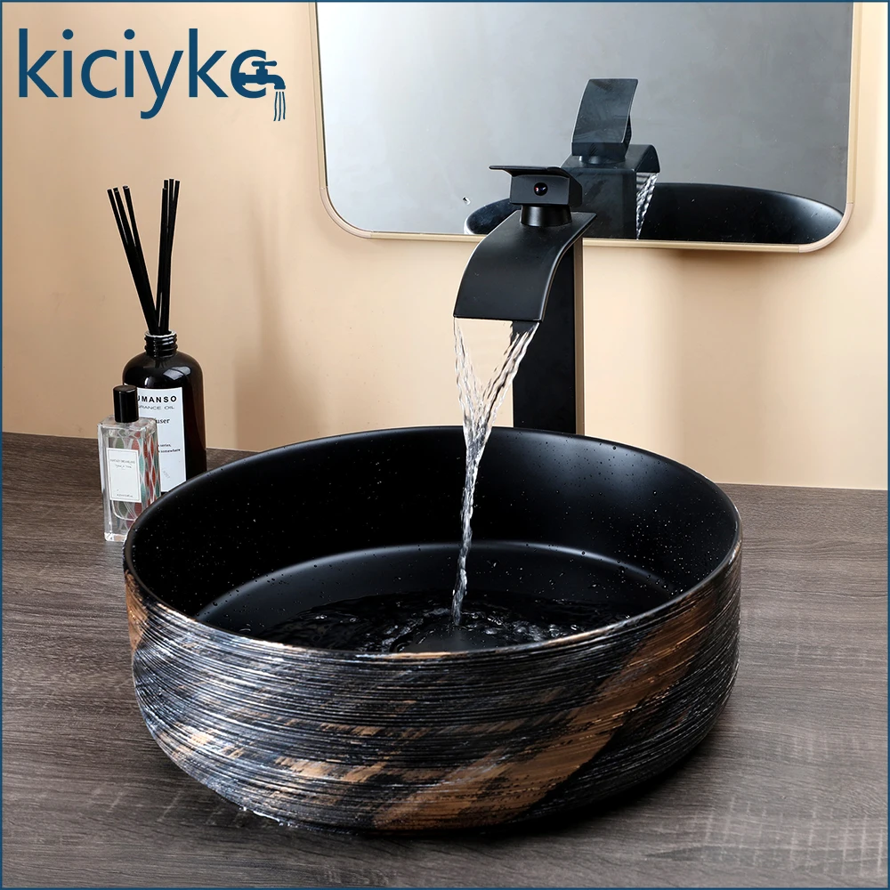Round Ceramic Vessel Sink Set with Matte Black Waterfall Faucet Above Counter Artistic Bathroom Vanity Sink with Pop Up Drain