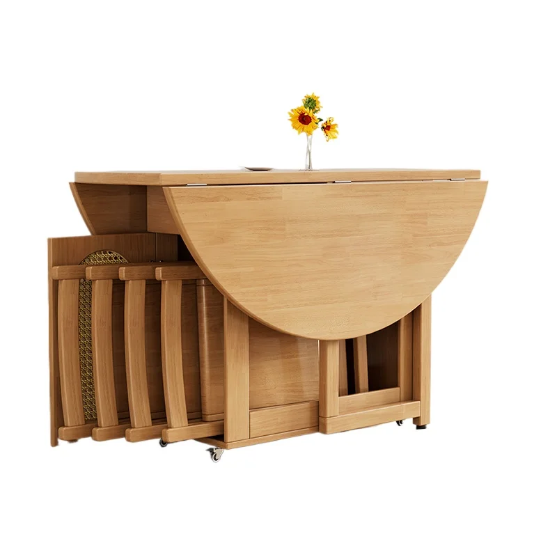 

Solid wood folding round table for home use, modern simple light luxury log dining table