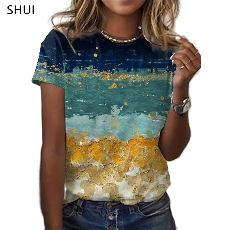 Women Casual T Shirt 3D Floral Oil Painting Round Neck Short Sleeve Summer Oversized Fashion Sweatshirt Gym Sport Tracksuits Tee