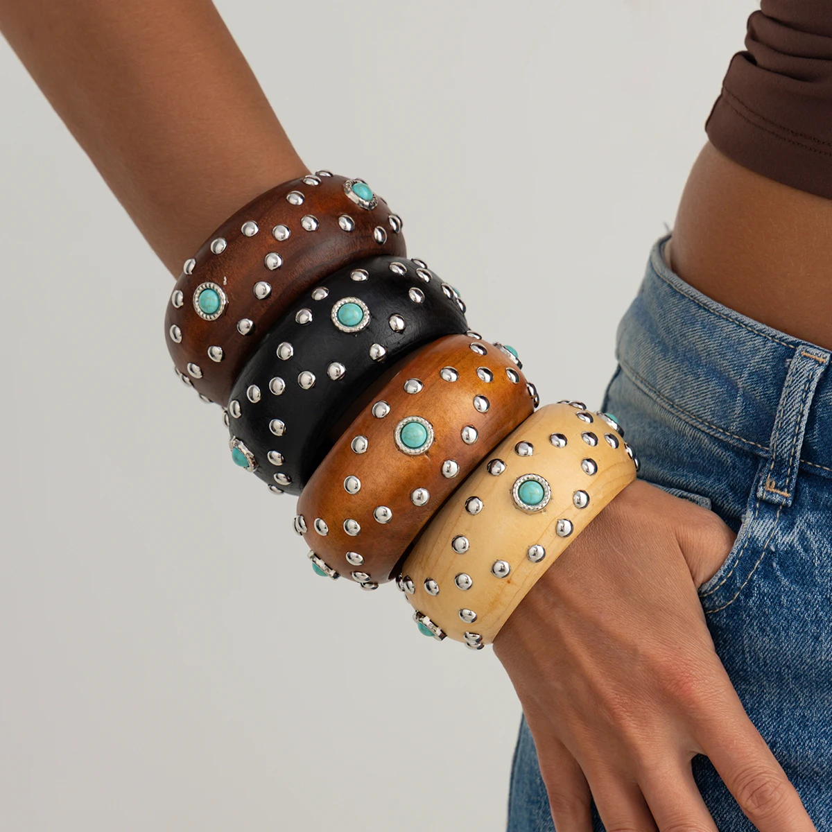 Ingemark 4 Styles Vintage Smooth Wooden Round Chunky Bangles for Women Ethnic Style Stackable Wide Bracelet Banquet Jewelry New