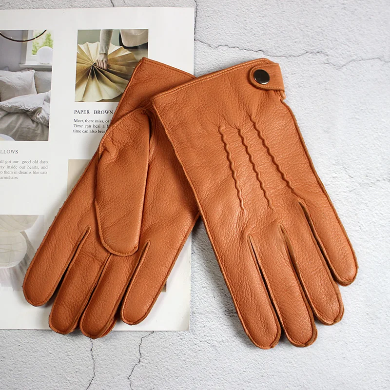 High-quality Imported Deerskin Leather Gloves Men\'s Fashion Hand-Stitched Winter Thickening Warm Motorcycle Riding Points