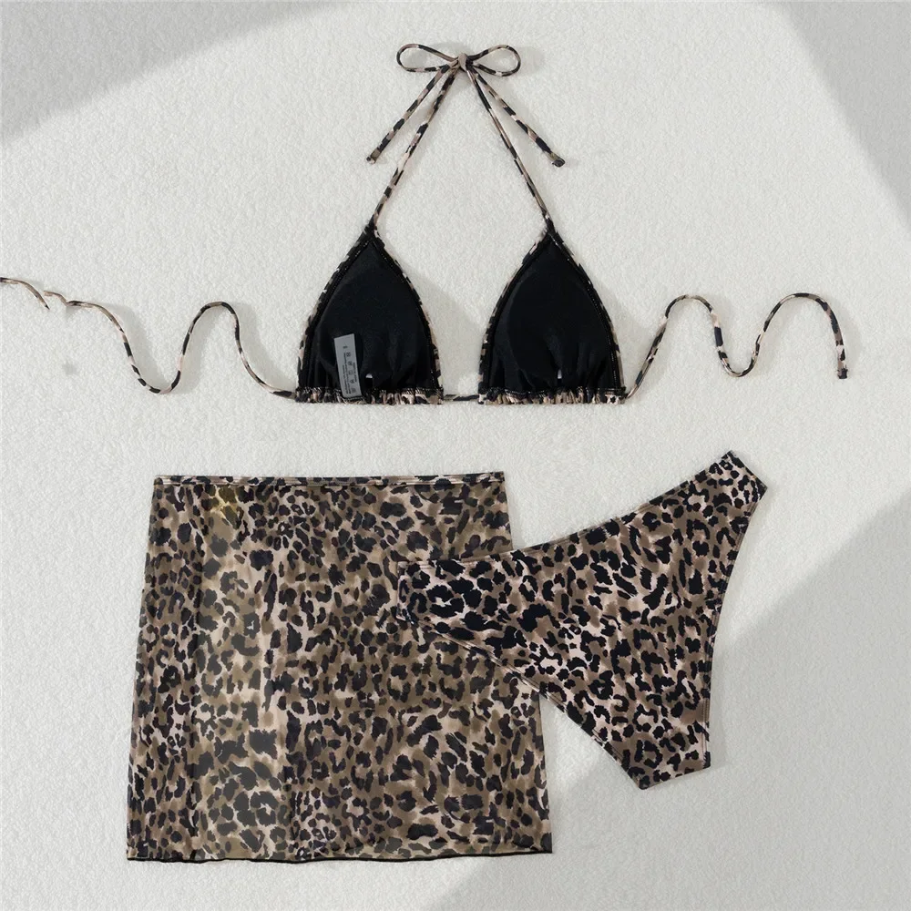 Leopard Print Swimwear Cover Up String Halter Triangle Bikinis 2025 Mujer Sexy Swimsuits Women Bathing Suit 3 Piece Bikini Set