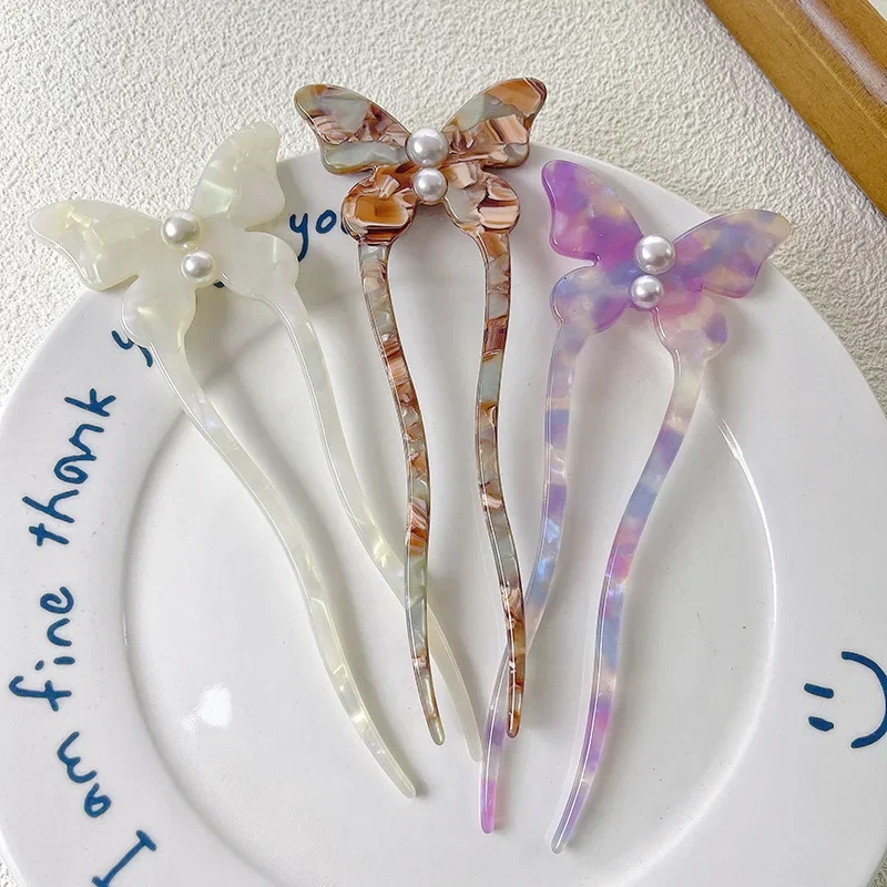 

Pearl Butterfly Hairpin Acetate U-shaped 15CM Ins Hair Sticks Trendy Fairy Elegant French Hair Clasp for Women Head Accessories