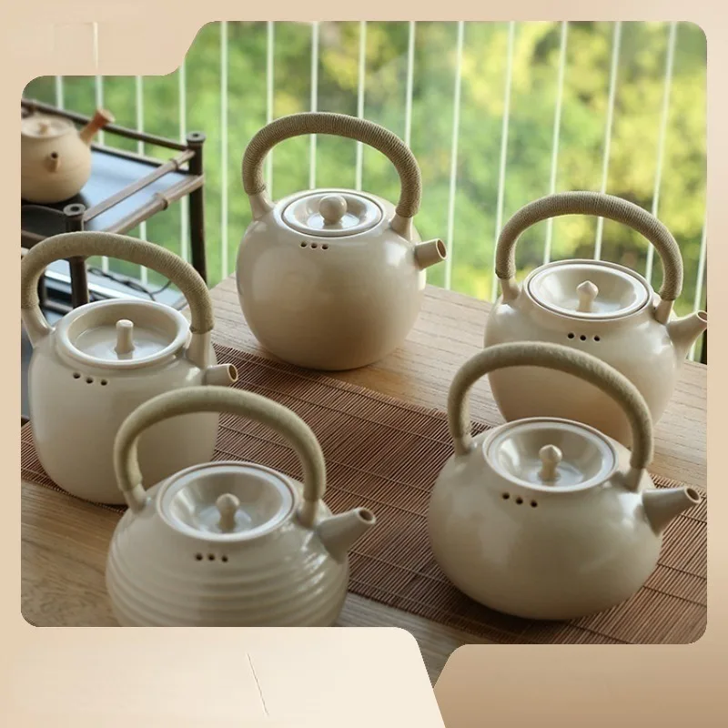 Stoneware Lifting Handle Kettle with Filter Hole, Tea Brewing Pot, White Clay Health Pot, Ceramic Soda Glass Pot