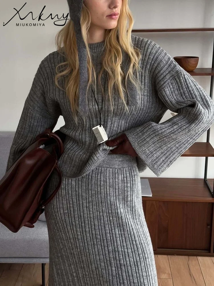 

Женский пуловер с круглым вырезом, вязаный свитер, юбка, комплект из 3 предметов с шарфом, осень-зима, мягкий теплый повседневный вязаный комплект для женской одежды