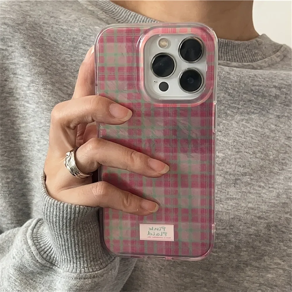 For iPhone 16 15 14 13 12 11 Pro Max 7 8 Plus X XS Cute Dopamine Color Block Match Plaid Clear Phone Case Pink Tartan Soft Cover