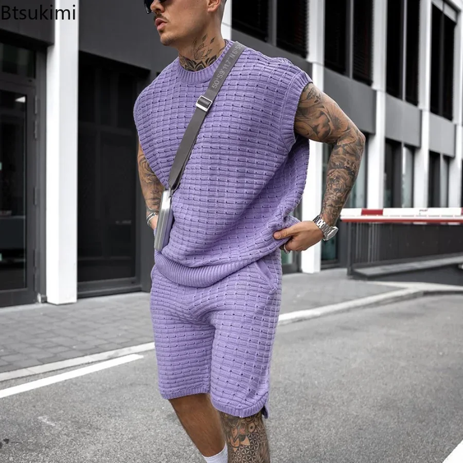 Novo 2024 conjuntos casuais de duas peças dos homens para o verão sólido sem mangas topos camisas e shorts conjuntos masculino streetwear conjuntos