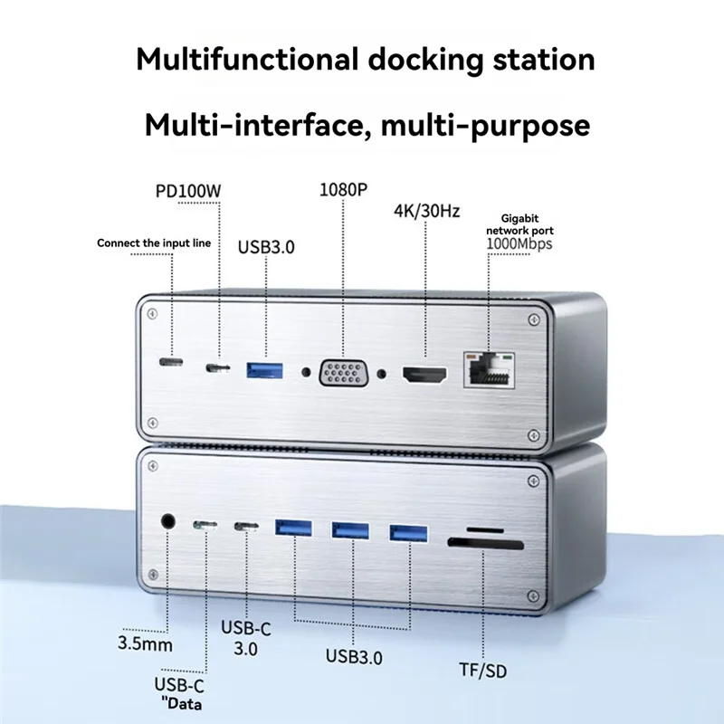 Doca de expansão multi-interface AT82-Desktop 13 em 1 USB-C 3.0 Hub Docking Station com leitor de cartão SD TF e 100W PD Chargi