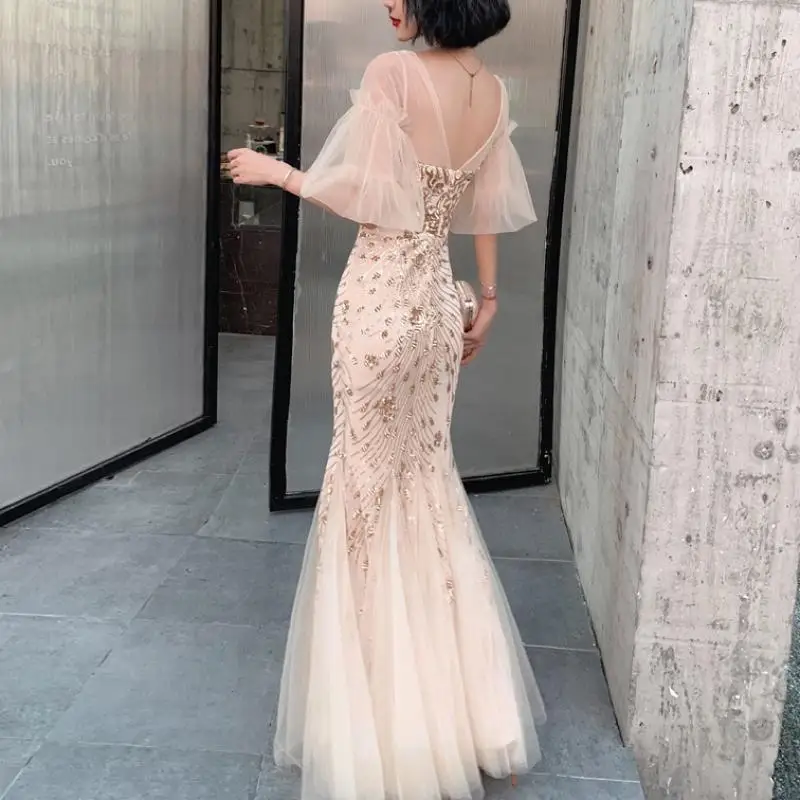 Abito da sera a sirena con fiore ricamato in cristallo glitterato per donna abito da donna in Tulle Maxi Gala di lusso in oro abiti da sposa femminili