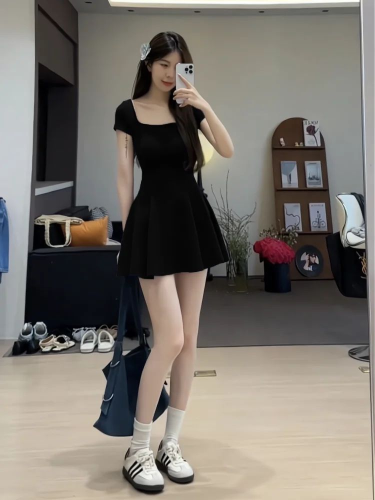 French Inspired Petite Women's Dress Chic Short Sleeve Square Collar Stretch A-Line Slim Fit Summer Casual Elegant Sweet Sultry