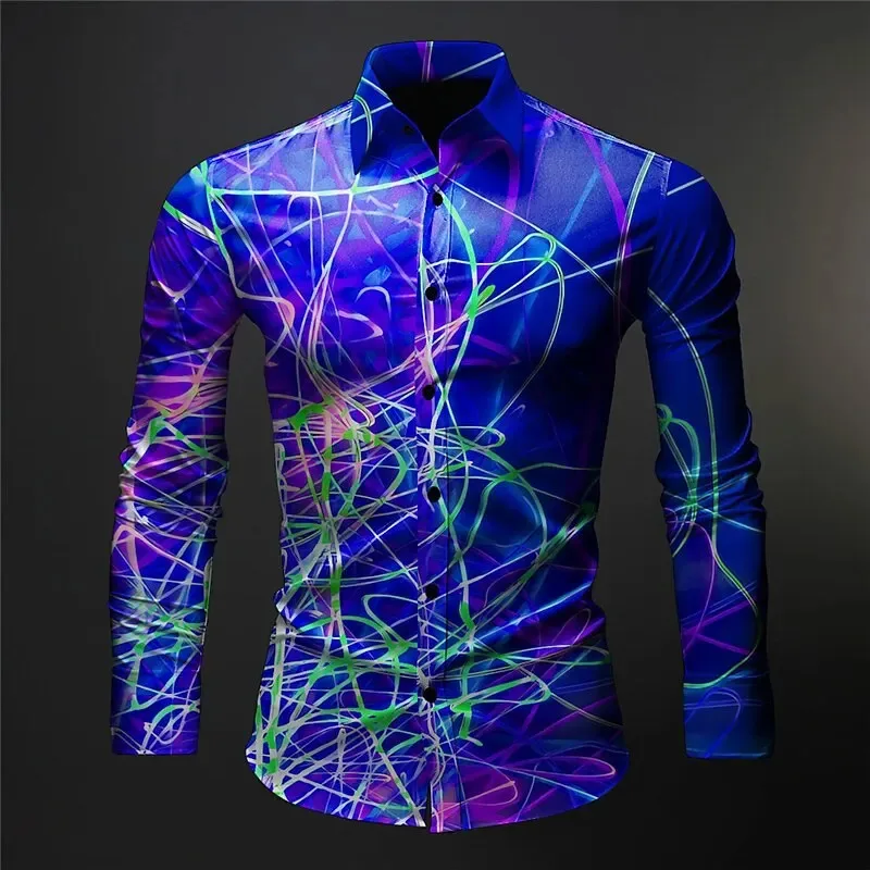 Summer Color Lines 3D Floral Print Men's Long Sleeve Shirt Single Row Zipper Fashion Design Long Sleeve Shirt