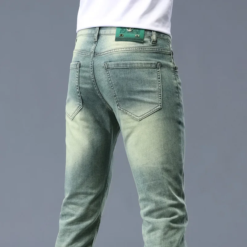 Retro Yellow Mud Green Jeans Men's Summer Thin 2024 New High-End Men's Clothing Fashion Elastic Slim Fit Skinny Pants