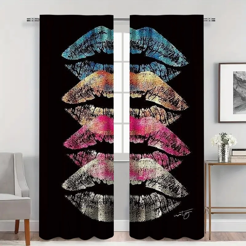 2pcs Metallic Lips Pop Art Curtains with Rod Pocket, Multicolor Glossy Kiss Print Sheer , Bold Statement for Modern Room