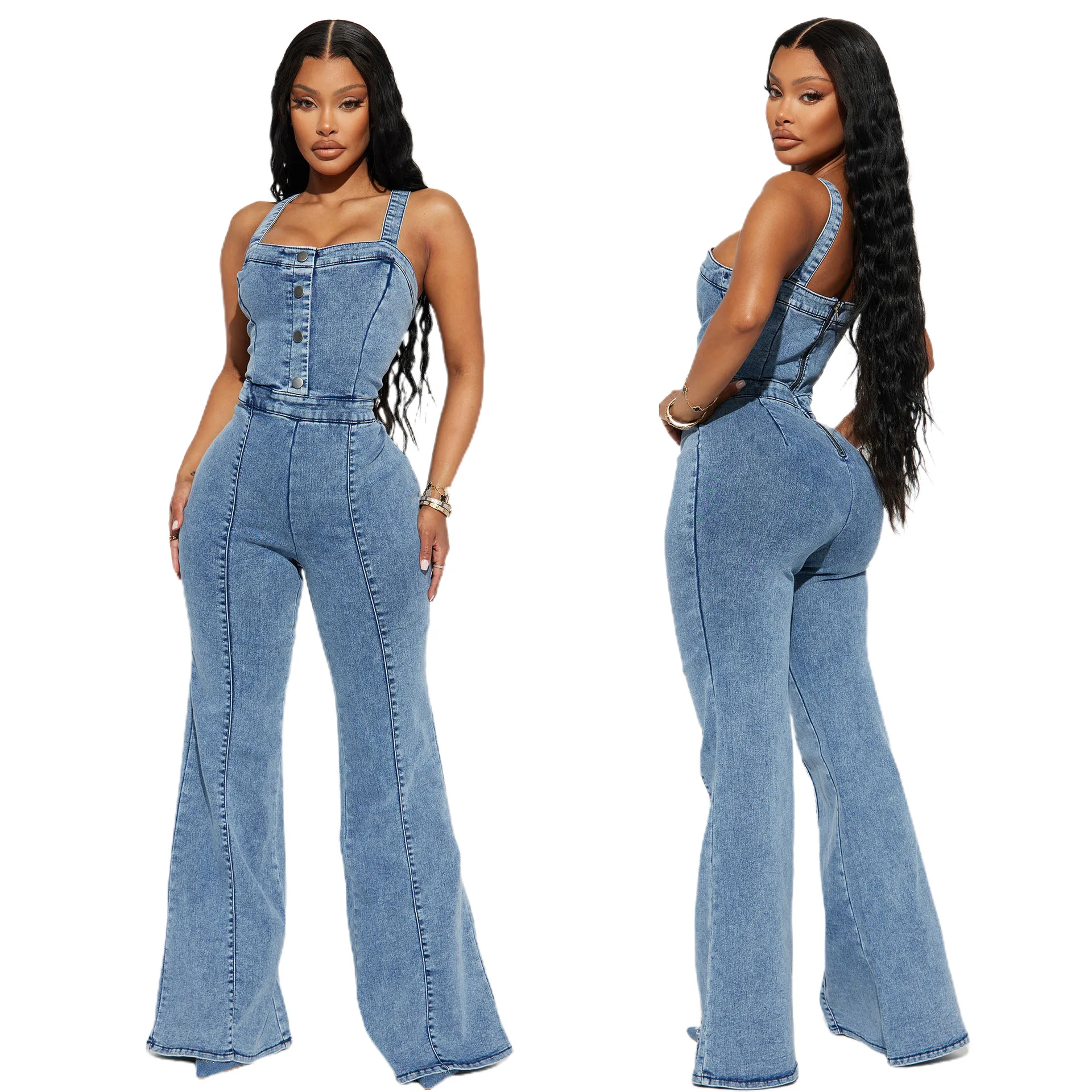 

Casual Denim Straps Women Jumpsuits Summer Sleeveless Button Flare Pants One Piece Streetwear Summer Rompers Sexy Playsuits Y2K