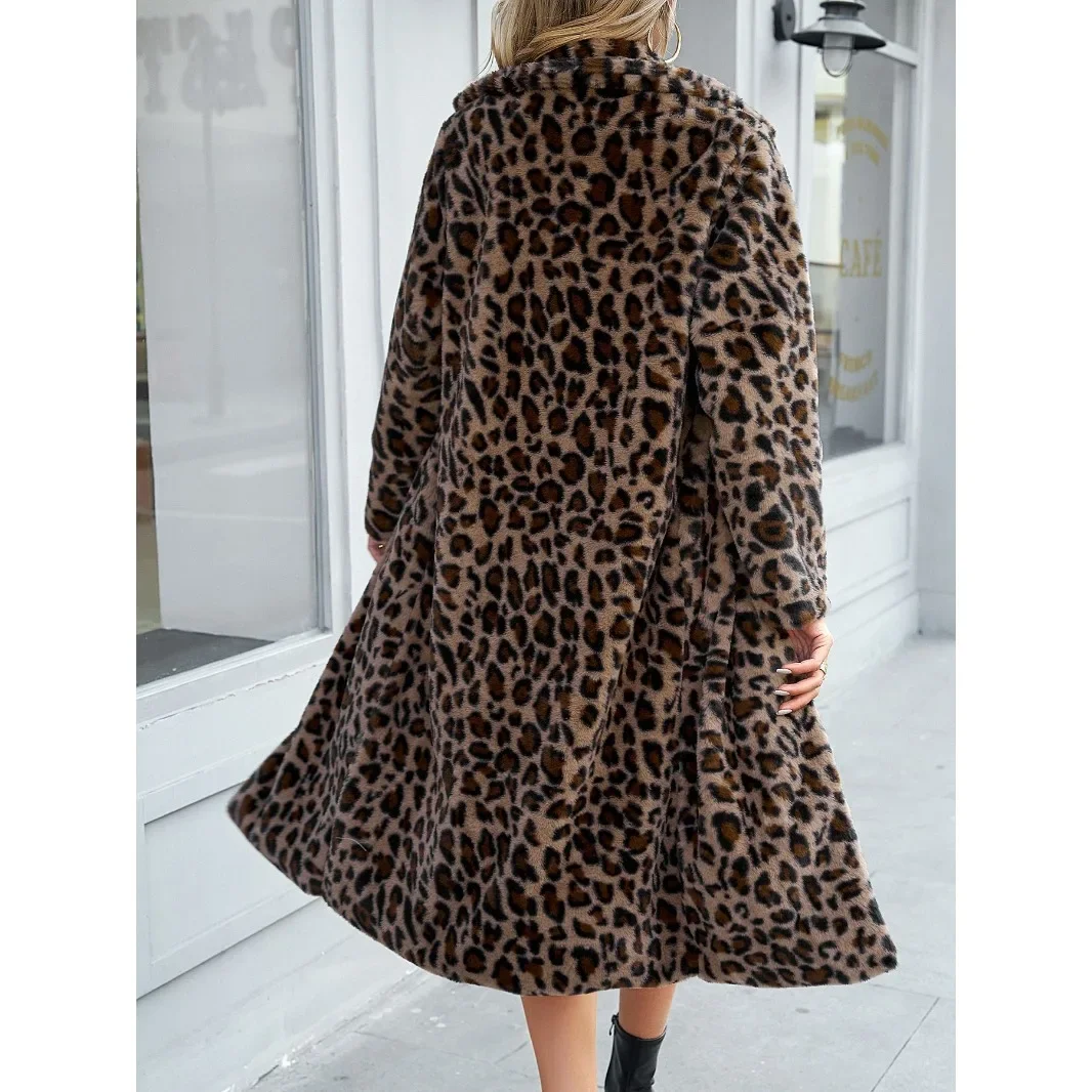

Leopard Faux Fur Fleece Cashmere Coat Plush Long Coat Autumn Winter Overcoat Woman Warm Soft Casual Streetwear Single Breasted