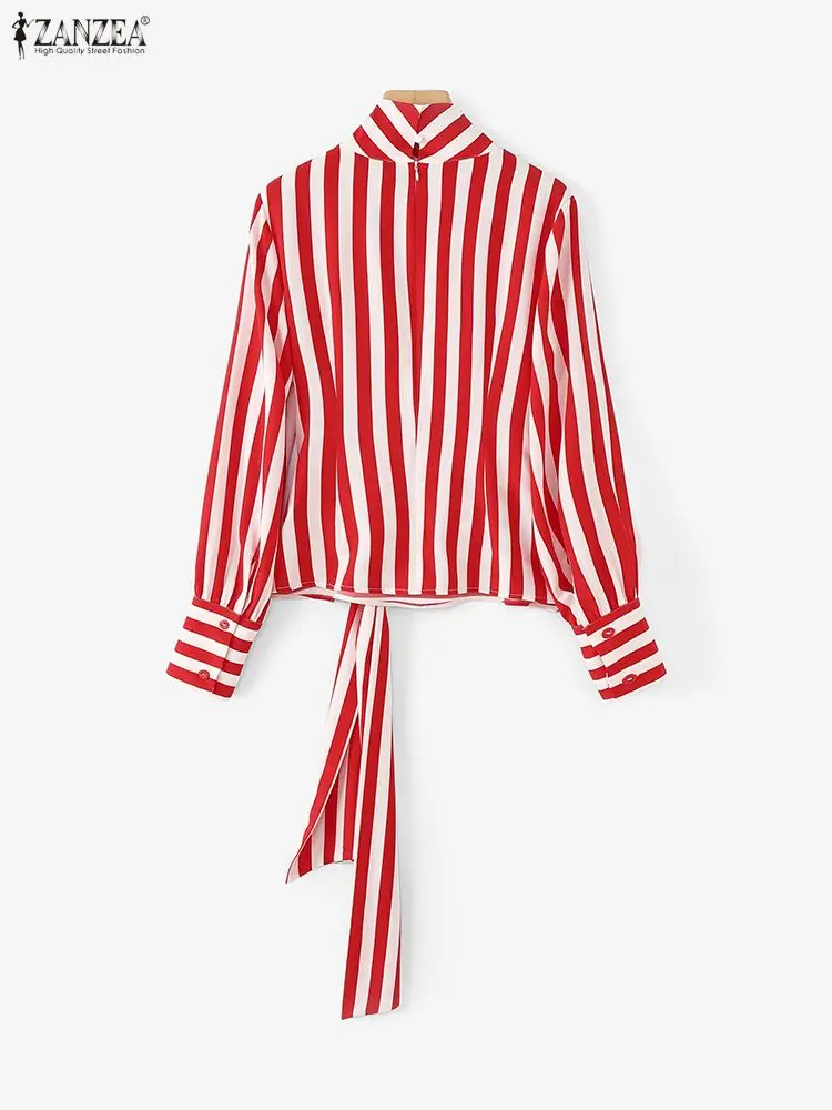 ZANZEA 2025 blusas a rayas rojas con lazo en la cintura para mujer, moda de otoño, Tops de cuello alto recortados de manga larga, ropa de mujer, ropa de calle