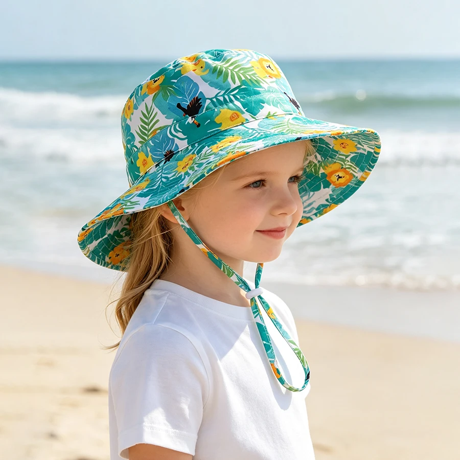 Children's Summer and Spring Beach Vacation Coconut Tree Pattern Sun Hat for Travel and Sun Protection, Trendy Bucket Hat