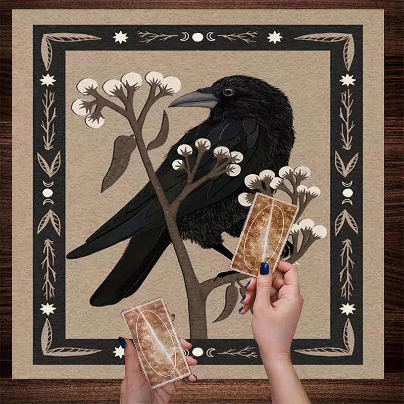 VIKAMA Retro Crow Moon Phase Tarot Tablecloth Mysterious Divination Altar Cloth Ritual Table Mat Background Cloth