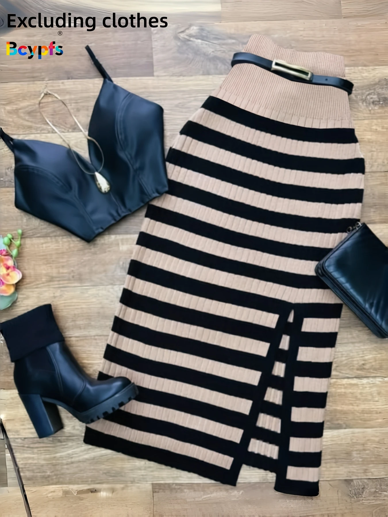 “Women's Ribbed Knit High Waist Striped Bodycon Maxi Skirt With Belt Black Beige Side Slit Casual Party Winter Long Skirt”
