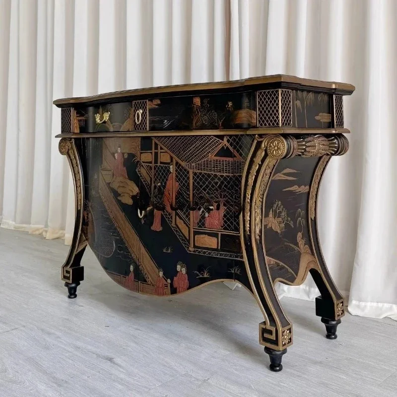 

Средневековый входной шкаф, обеденный боковой шкаф из массива дерева, ручная роспись, фойе, шкаф для хранения виллы, черный европейский стиль