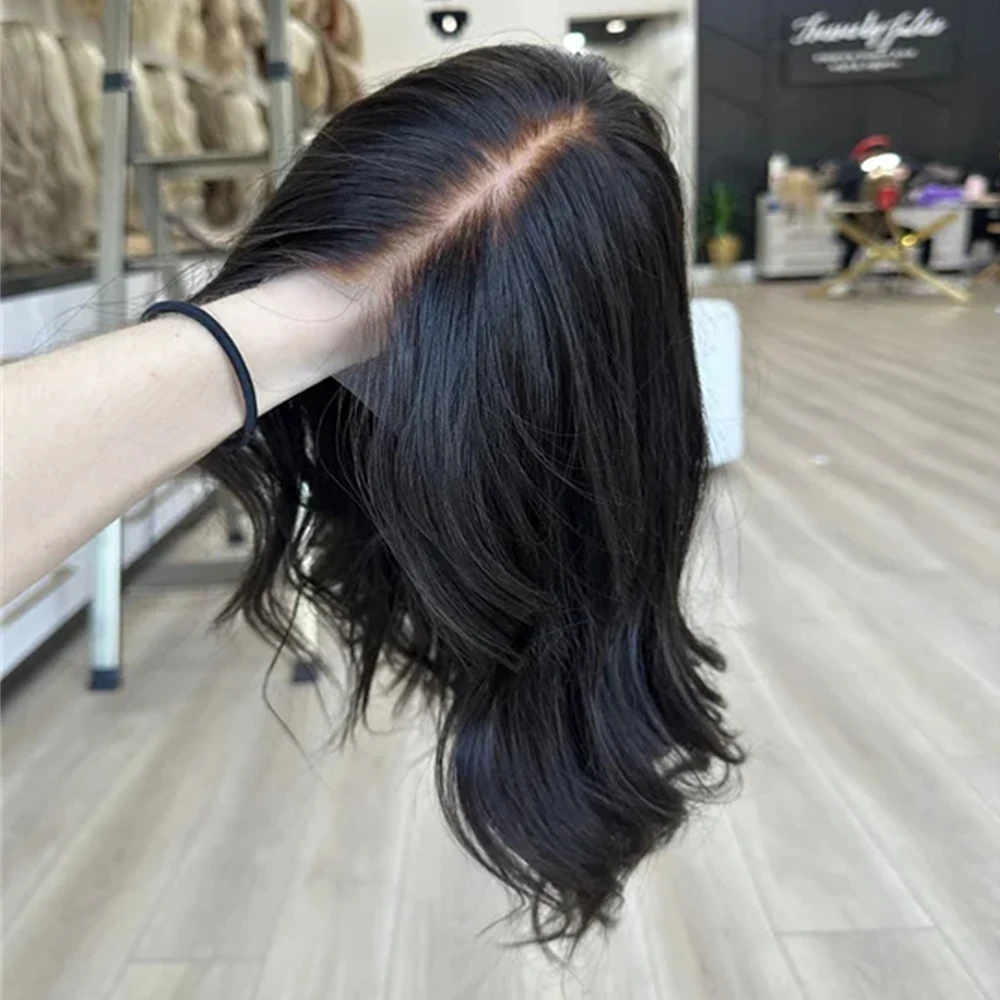 Dark Brown Short Wavy Layered Wig for Women 14Inch Glueless Lace Front Wig 13x4 PrePlucked Synthetic Hair Natural Colored Wig