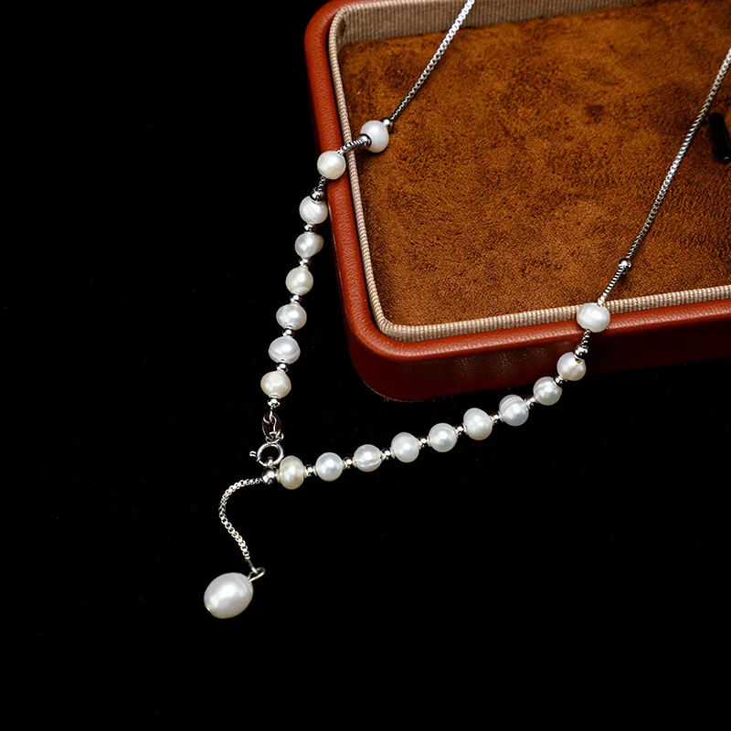 Trendy White Freshwater Pearl Adjustable Pull Titanium Steel Clavicle Chain Internet Celebrity Y-shaped Necklace Female Jewelry