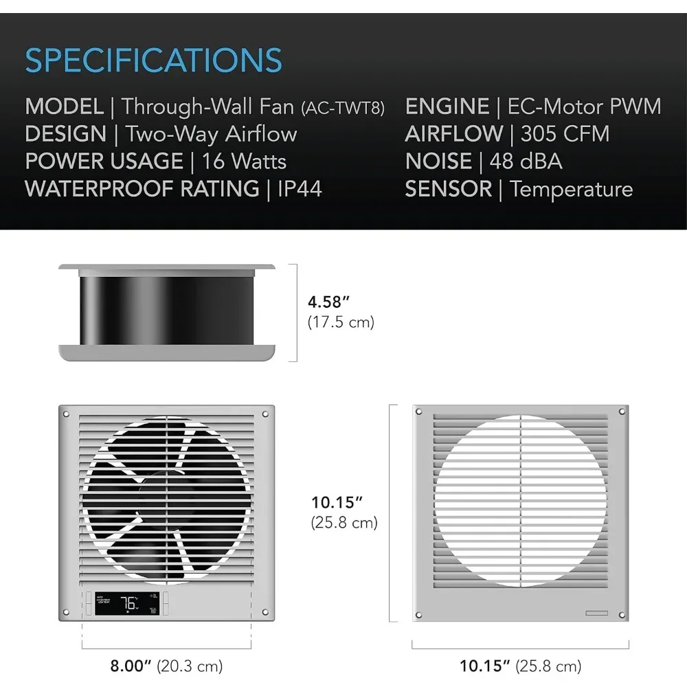 Draagbare Ventilator, Tweerichtingsluchtstroom Door-De-Muur Ventilator Met Temperatuurregelaar, Nauwkeurige 10 Snelheids Stille In-Muur Ventilatieventilator, Bureauventilator