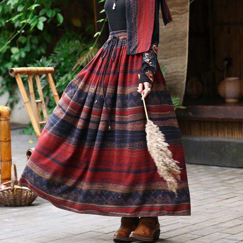 TIYIHAILEY Long Maxi Elastic Waist Skirts Women Autumn Spring Cotton Linen Print Patchwork 2024 New Fashion A-line  Ladies