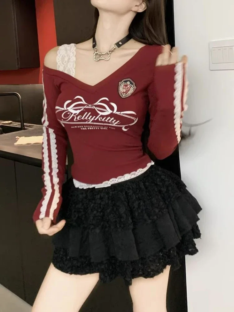 Y2K الدانتيل المرقعة تي شيرت المرأة مثير قبالة الكتف الحلو الخامس الرقبة السيدات المحاصيل القمم الكورية موضة طويلة الأكمام الملابس النسائية