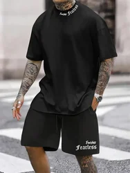 2024 New Summer Solid Color Letters Printed Suit Casual Sportswear Men's Suit Short-Sleeved T Shirt Street Hip-Hop Two-Piece Set