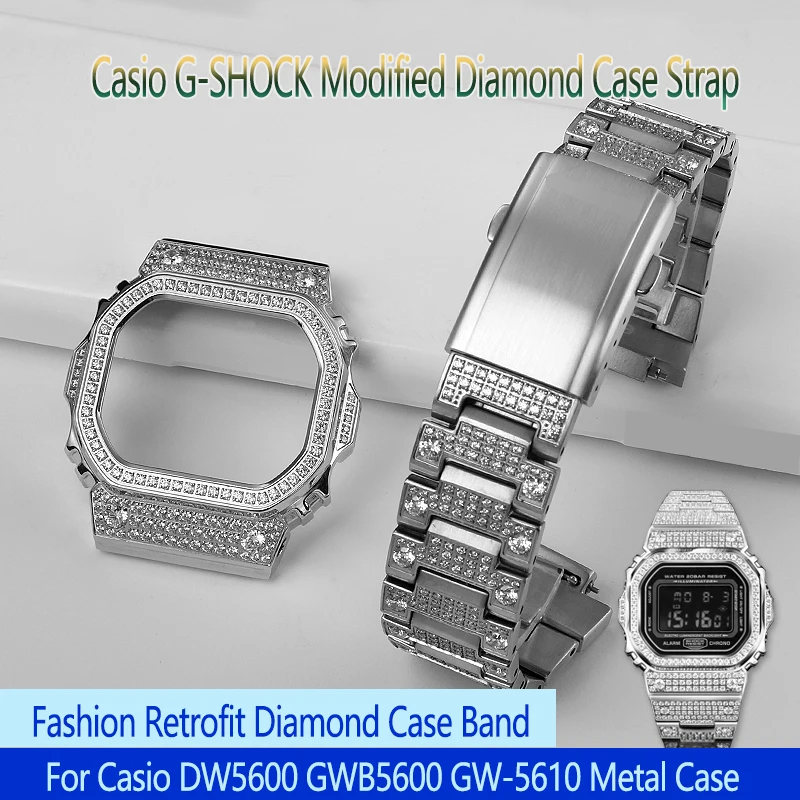 

For Casio Watch Strap Advanced Retrofit Diamond Case Strap DW5600/5610 GMW-B5000 Metal Accessories Men Stainless Steel Watchband