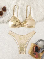 Conjunto de Bikini Vintage con relieve dorado, traje de baño metálico brillante, trajes de baño Push Up, traje de vacaciones para mujer, conjunto de natación para playa, traje de baño