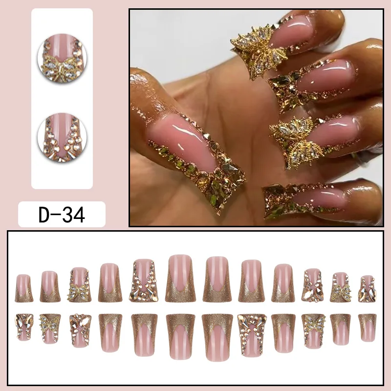 24 pezzi rettangolari 3D butterfly dot diamond style, lo schema di colore marrone migliora il tuo fascino, set di nail art, premere il chiodo