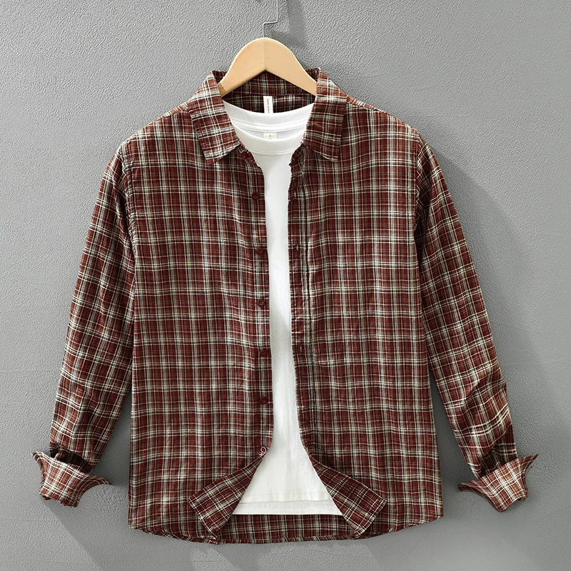 Spring and Autumn Men's Fashion Versatile Artistic Casual Loose Top Japanese Retro Checkered Long Sleeve Square Collar Shirt