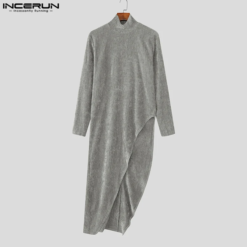 

INCERUN Men Irregular Tee Tops Solid Color Turtleneck Long Sleeve Casual Long Style Tee Tops Men Streetwear 2025 Men Clothing