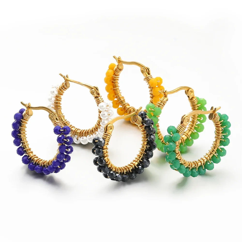 1 Pair Stainless Steel Hoop Earrings Crystal Beads Winding Earrings Fashion Gold-plated Earrings Women Trend Jewelry Gifts Bulk