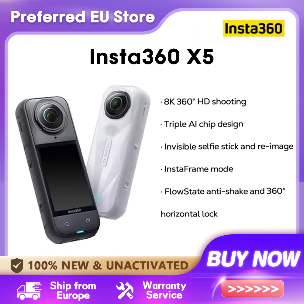 Cámara de acción Insta360 X5 360 °   Lente de cámara deportiva impermeable 8K 30Fps 360 °   Video Shoot Cámara deportiva de ultra alta definición 185