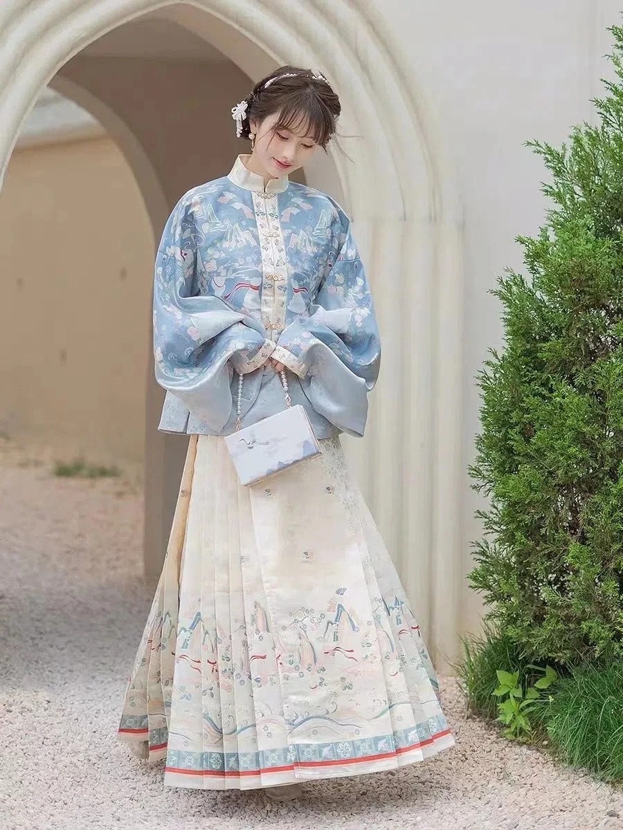 

Ming Dynasty Chinese Hanfu 2023 Spring Embroidery Blue Stand Collar Top Beige Horse Face Skirt Daily Style Costumes 2PCS Sets