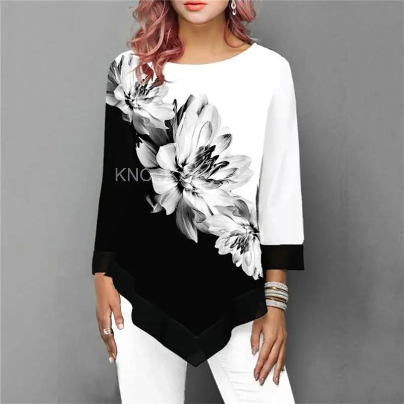 Fashion Women New Spring Shirts Floral Print Irregular Hem Blouse 5XL Big Size Women Clothing Casual 3/4 Sleeve Shirt Oversized