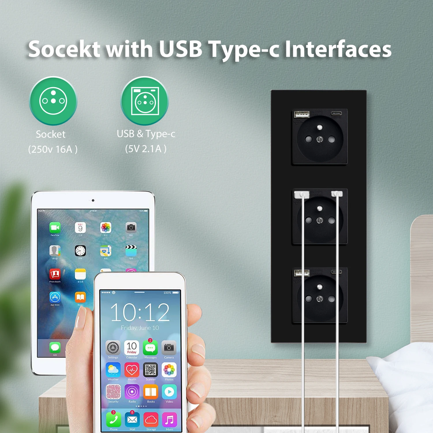 BSEED Touch Light Switch France Prese USB C Carica telefono Cristallo Vetro 1/2/3Gang Interruttori a parete Doppia presa Nero